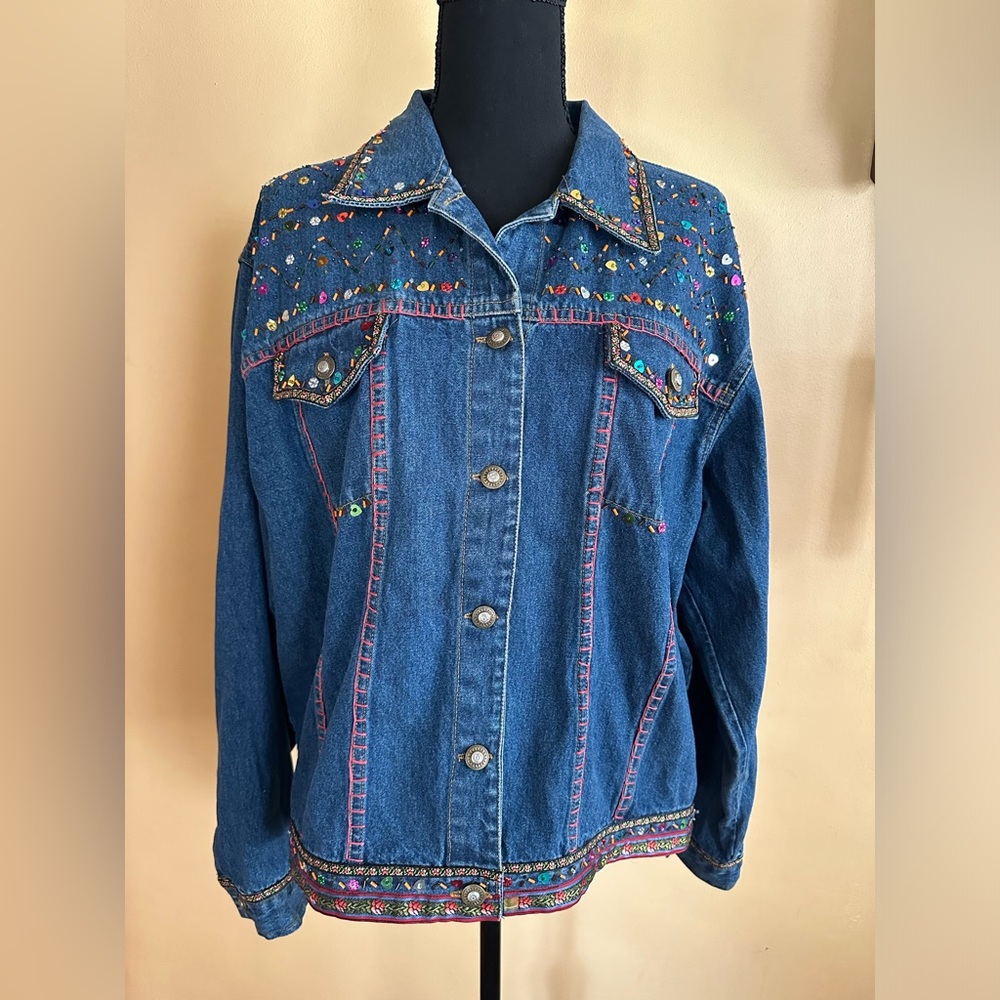 Women’s XL New Direction Dark Wash Denim Jacket Sequins Embroidery